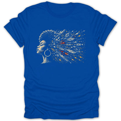 Blue t-shirt with a line drawing of a woman's profile and abstract, colorful hair.