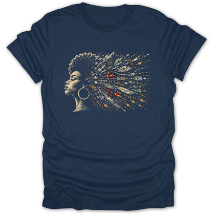 T-shirt with graphic of woman's profile with flowing, patterned hair and hoop earring.