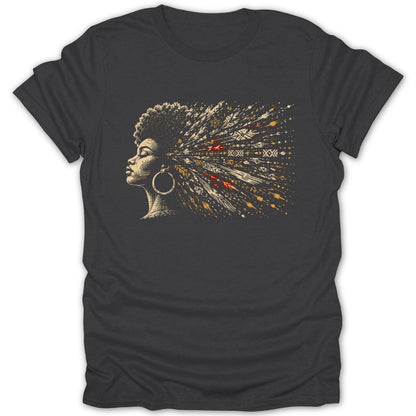 Woman with afro and abstract, tribal-patterned hair design.