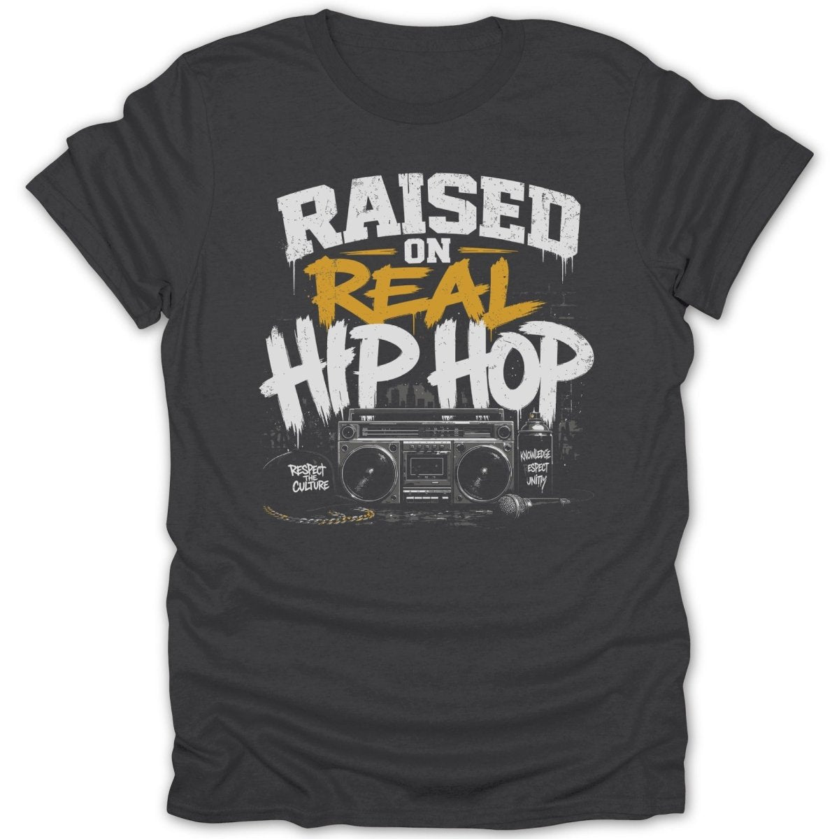 Dark gray t-shirt with "Raised on Real Hip Hop" graphics, boombox, and graffiti.