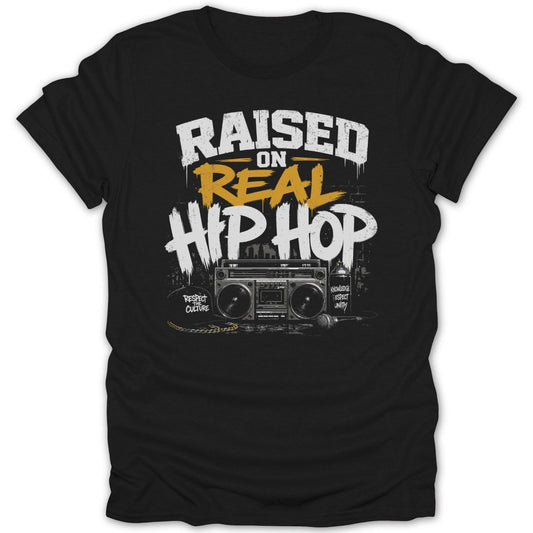 Black t-shirt with graphic reading "Raised on Real Hip Hop" above boombox and microphone.