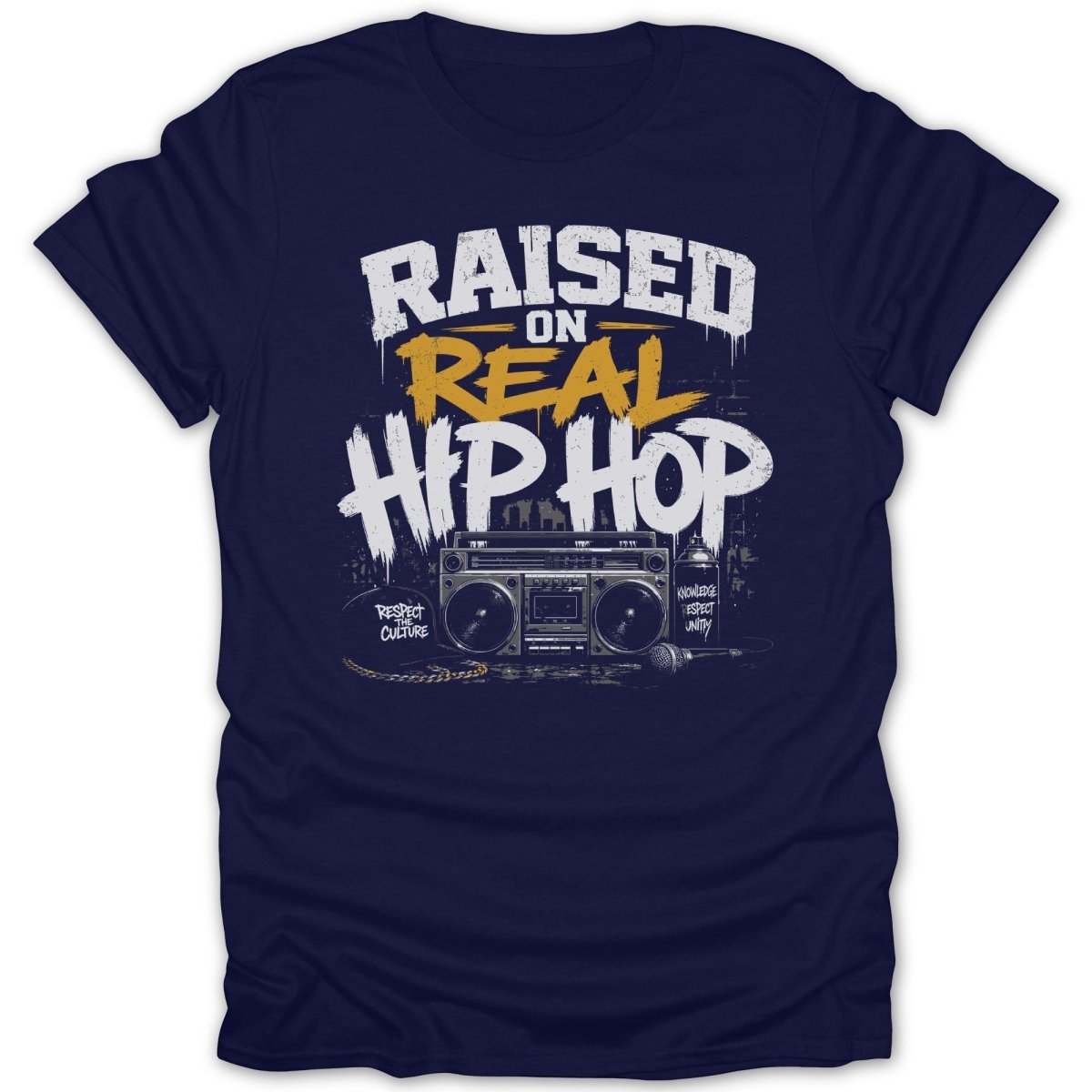 Navy t-shirt with "Raised on Real Hip Hop" text and boombox graphic.