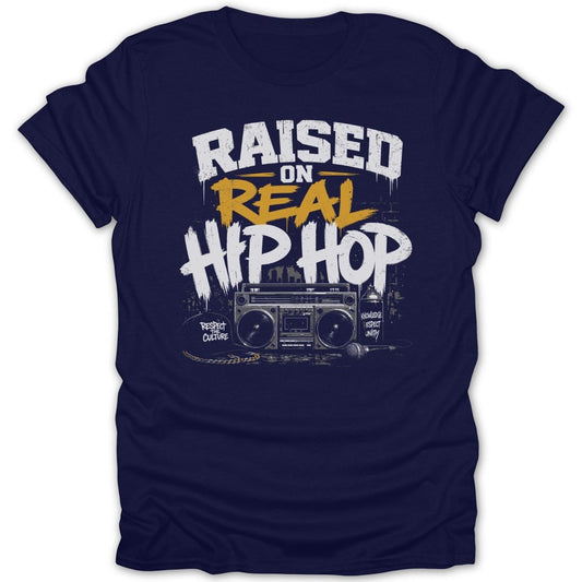 Navy t-shirt with "Raised on Real Hip Hop" text and boombox graphic.