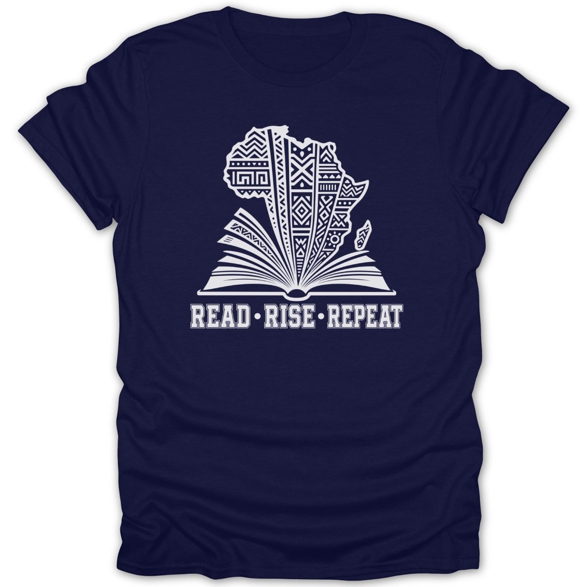 Navy t-shirt with an open book and continent of Africa graphic with the words "READ • RISE • REPEAT".