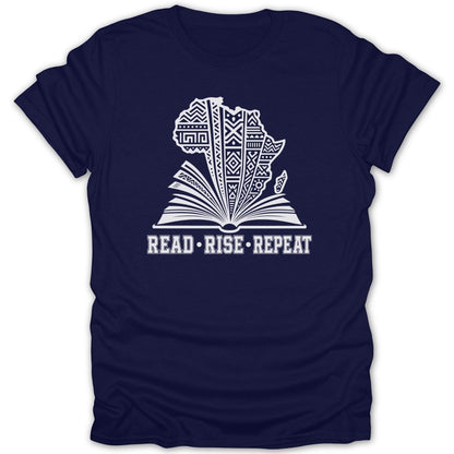 Navy t-shirt with an open book and continent of Africa graphic with the words "READ • RISE • REPEAT".
