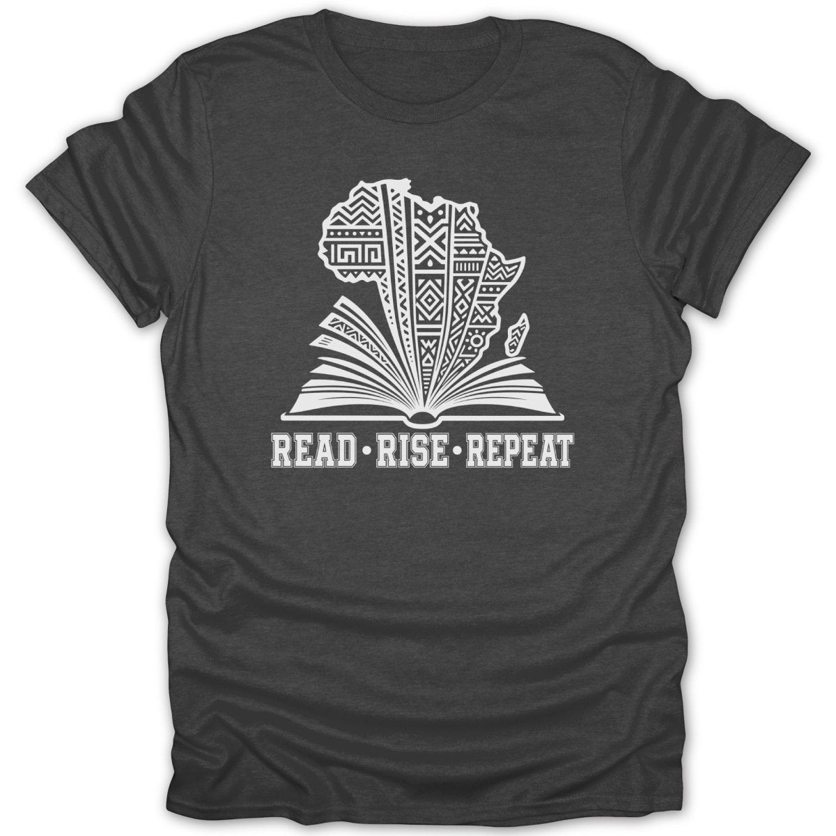Dark gray t-shirt with white graphic of an open book and Africa map with text "READ RISE REPEAT".