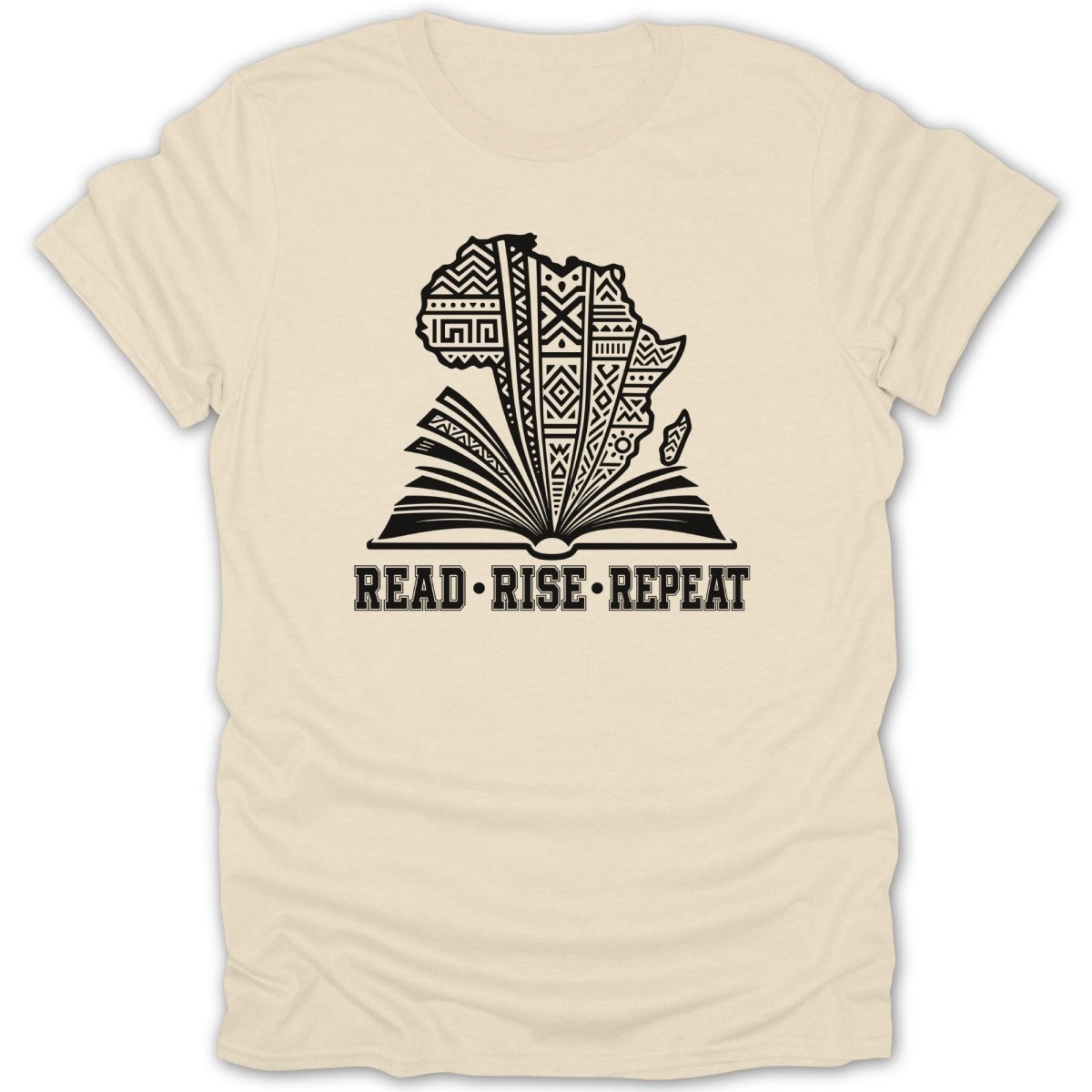 T-shirt with an open book featuring Africa's map and text "Read Rise Repeat".