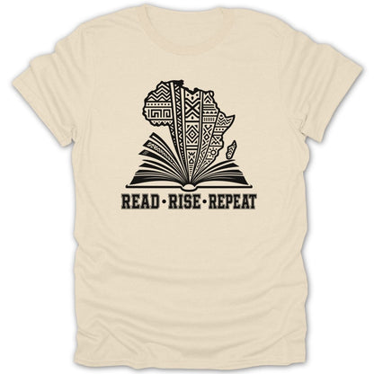 T-shirt with an open book featuring Africa's map and text "Read Rise Repeat".