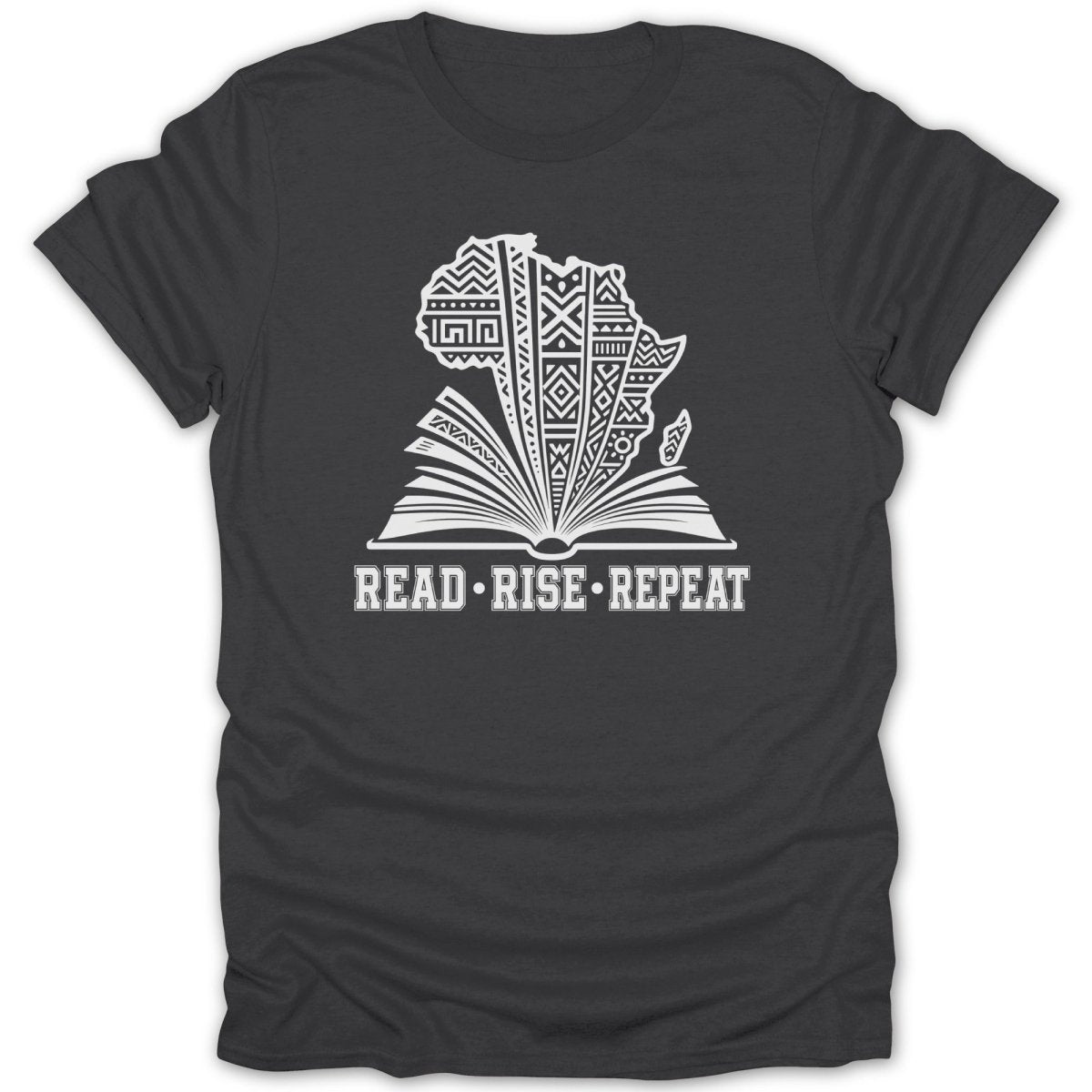 Dark grey t-shirt with white graphic depicting the continent of Africa over an open book, text below reads "READ • RISE • REPEAT".