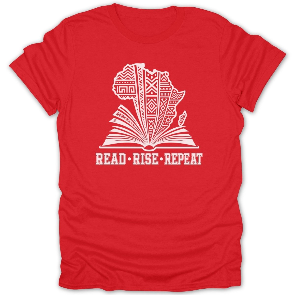 Red t-shirt with white graphic of Africa map and open book text READ RISE REPEAT.