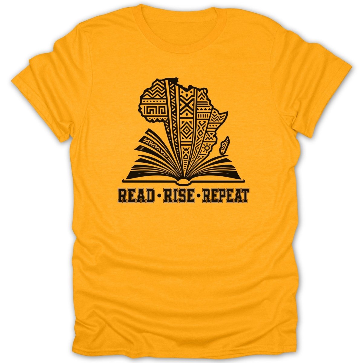 Yellow t-shirt with black graphic of Africa and open book with text "READ•RISE•REPEAT".