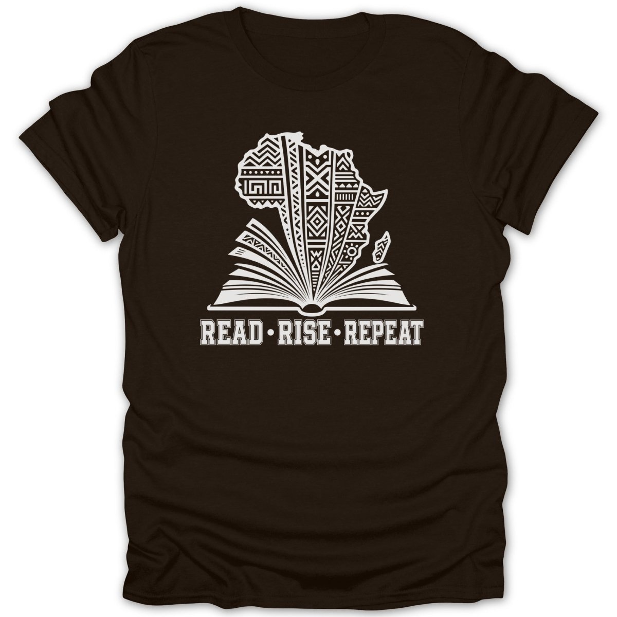 Dark t-shirt with open book featuring Africa map and "READ RISE REPEAT" text.