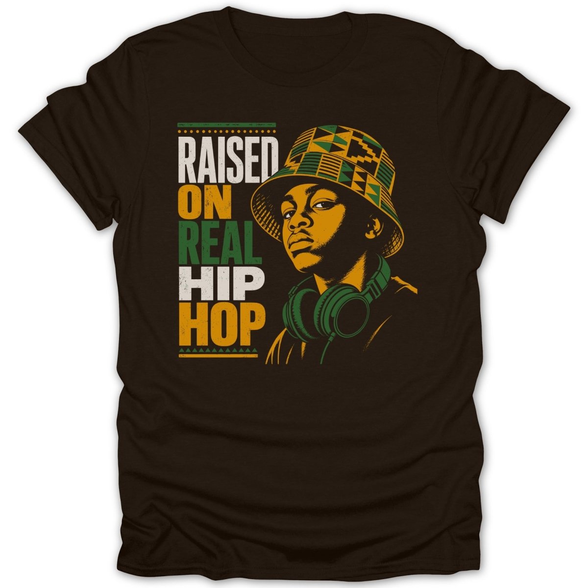 Brown t-shirt with "RAISED ON REAL HIP HOP" text and a young person wearing a bucket hat and headphones.
