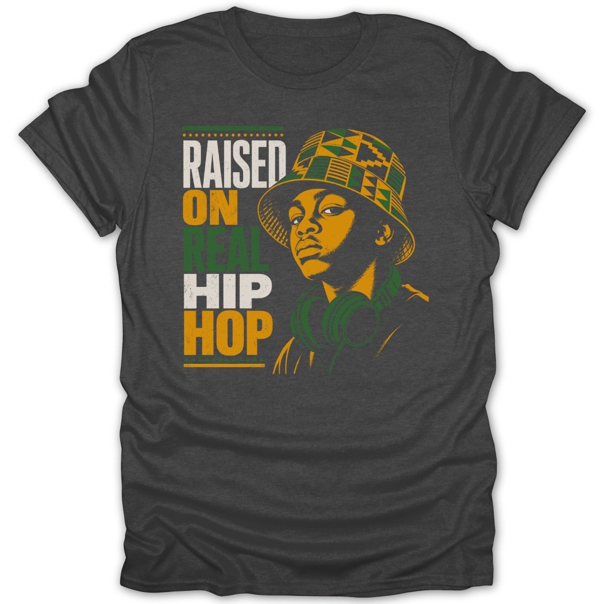 Raised on Real Hip Hop graphic with a young man in a patterned bucket hat and headphones.