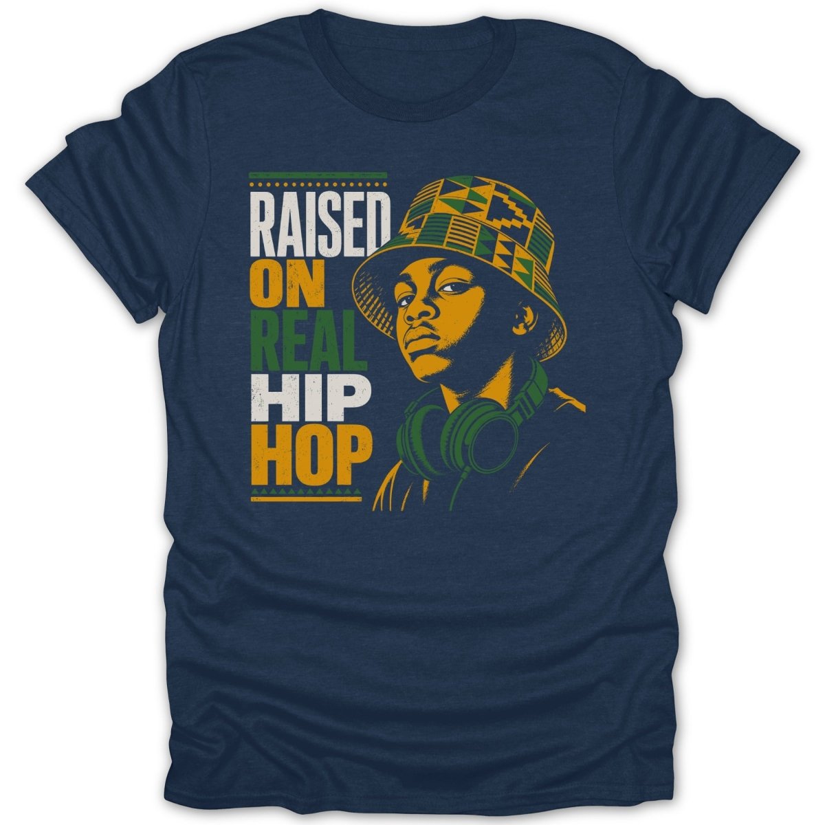 T-shirt with "Raised On Real Hip Hop" text and a young person wearing a patterned bucket hat and headphones.