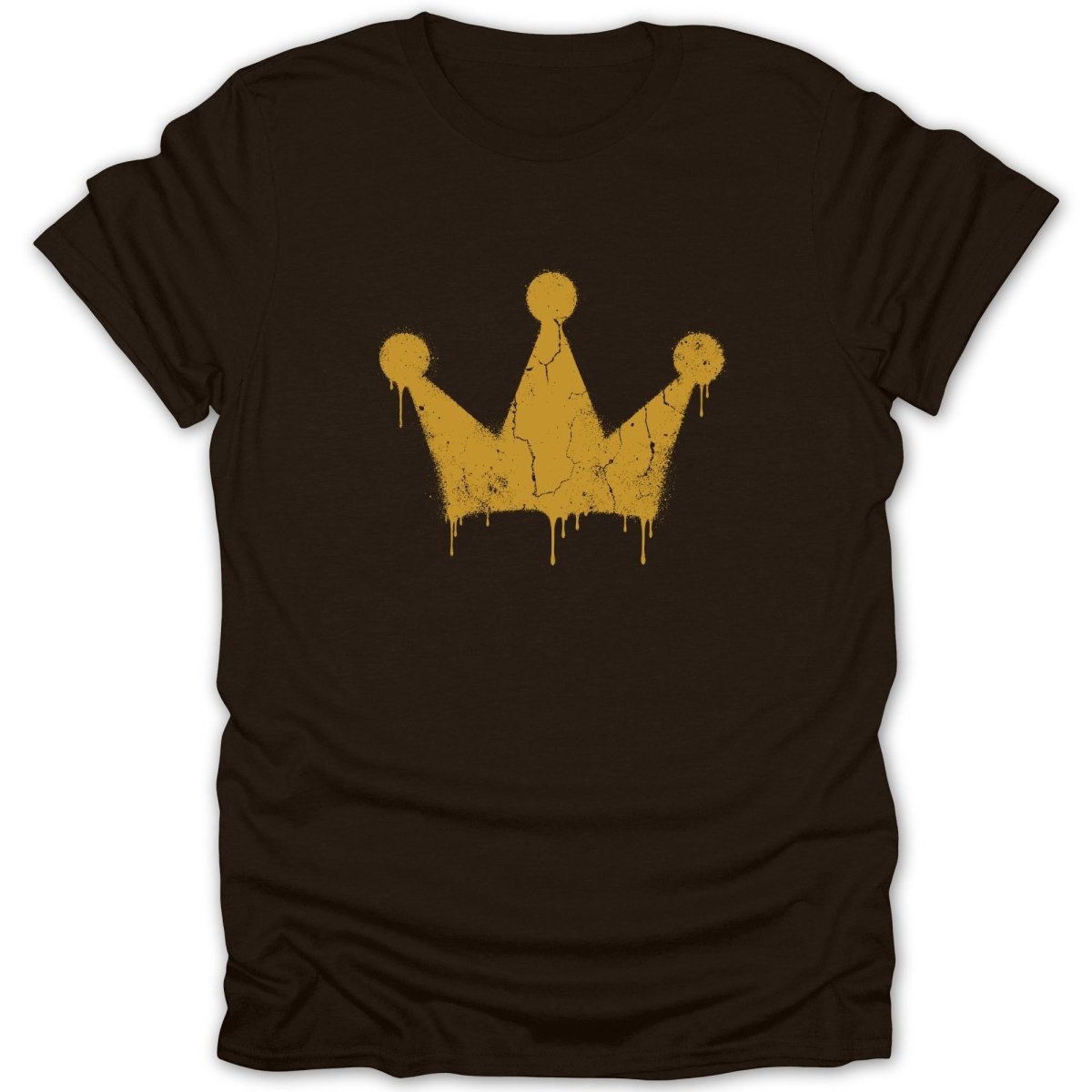 Brown t-shirt with a distressed gold spray-painted crown graphic.
