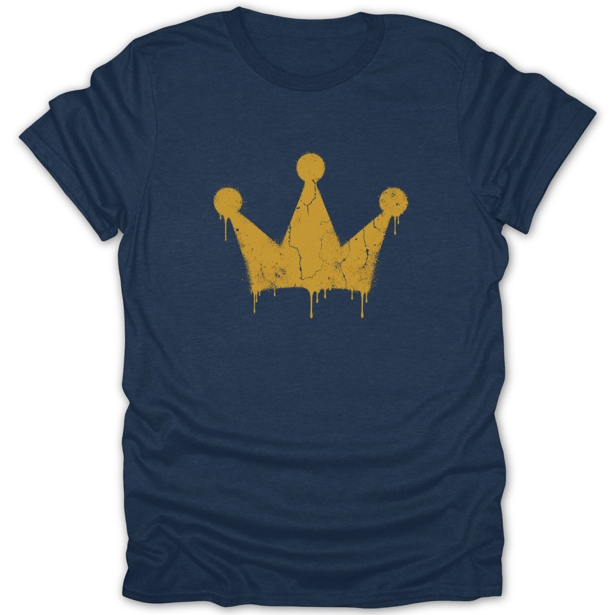 Navy t-shirt with a cracked gold crown graphic featuring dripping paint.