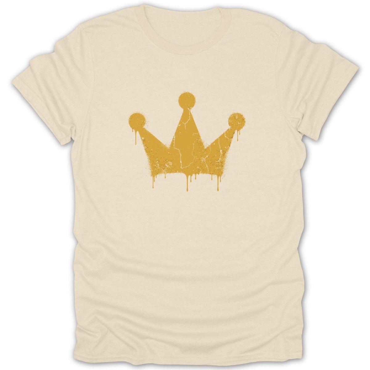 Cream t-shirt with a distressed gold crown graphic and dripping paint effect.