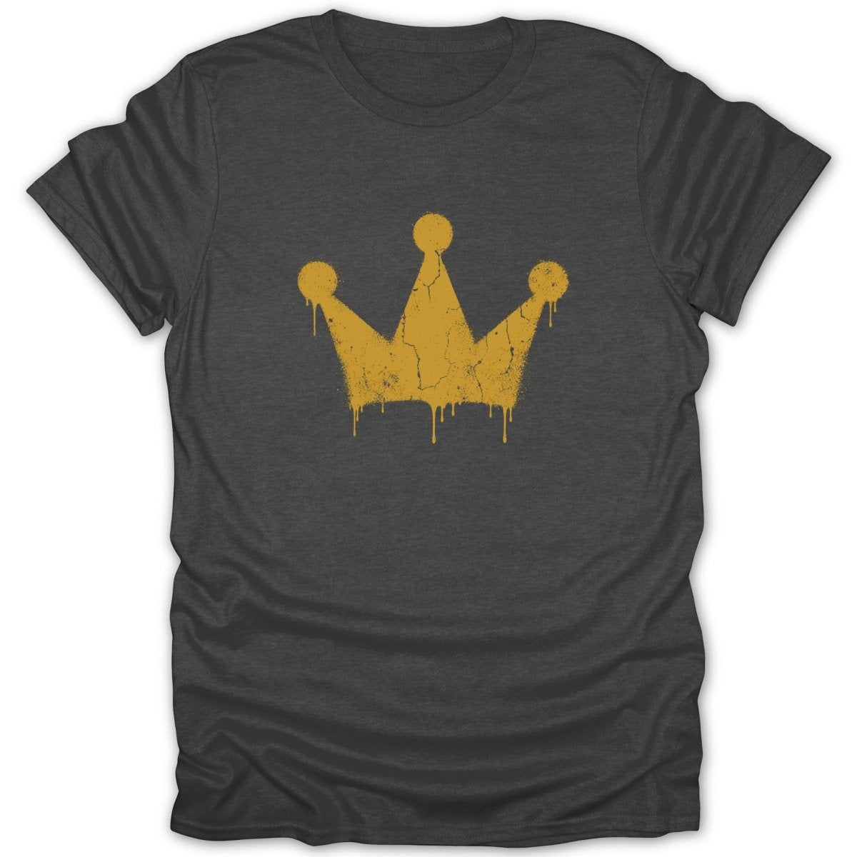 Grey t-shirt with a distressed yellow crown graphic.