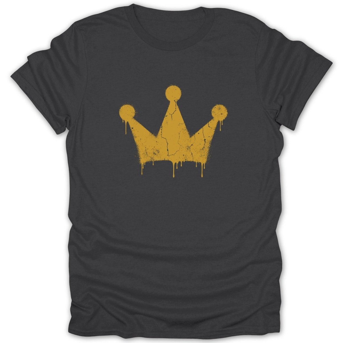 Dark grey t-shirt with a distressed metallic gold crown graphic.