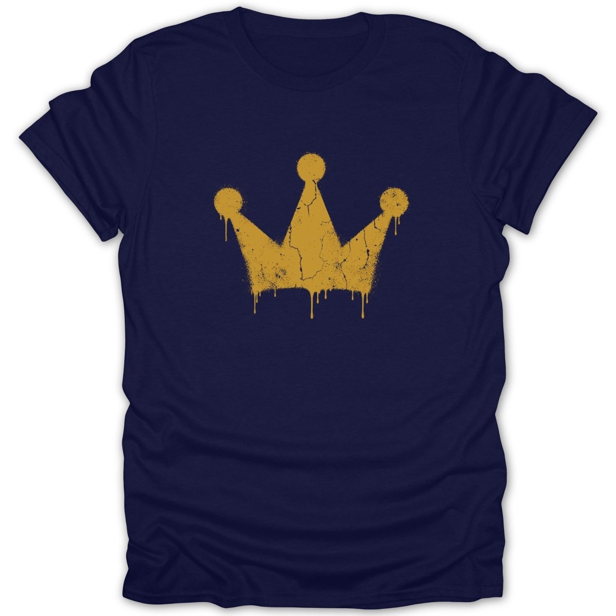 Navy t-shirt with a distressed gold spray-painted crown graphic.