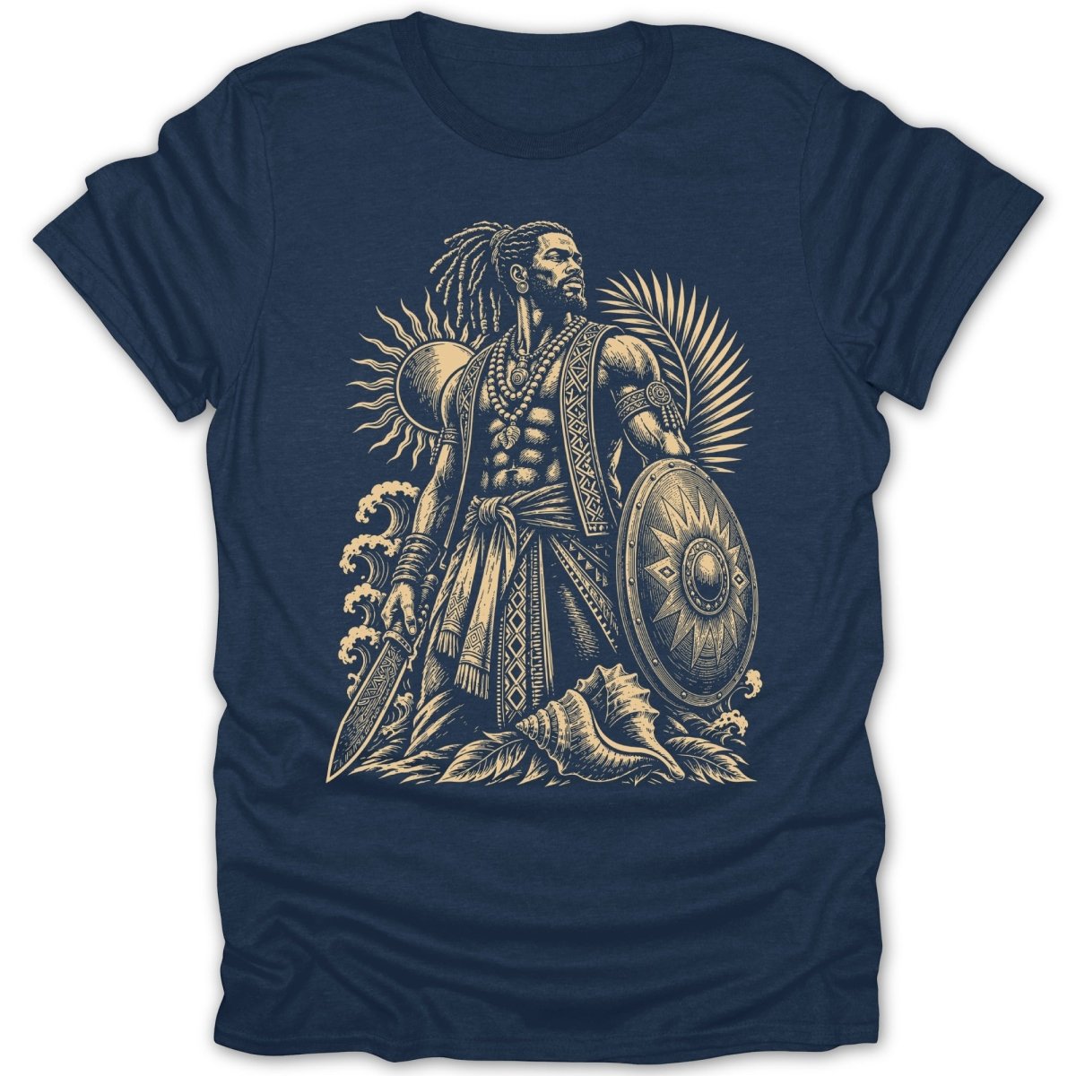 T-shirt with a dark blue base, featuring a beige illustration of a warrior with dreadlocks.