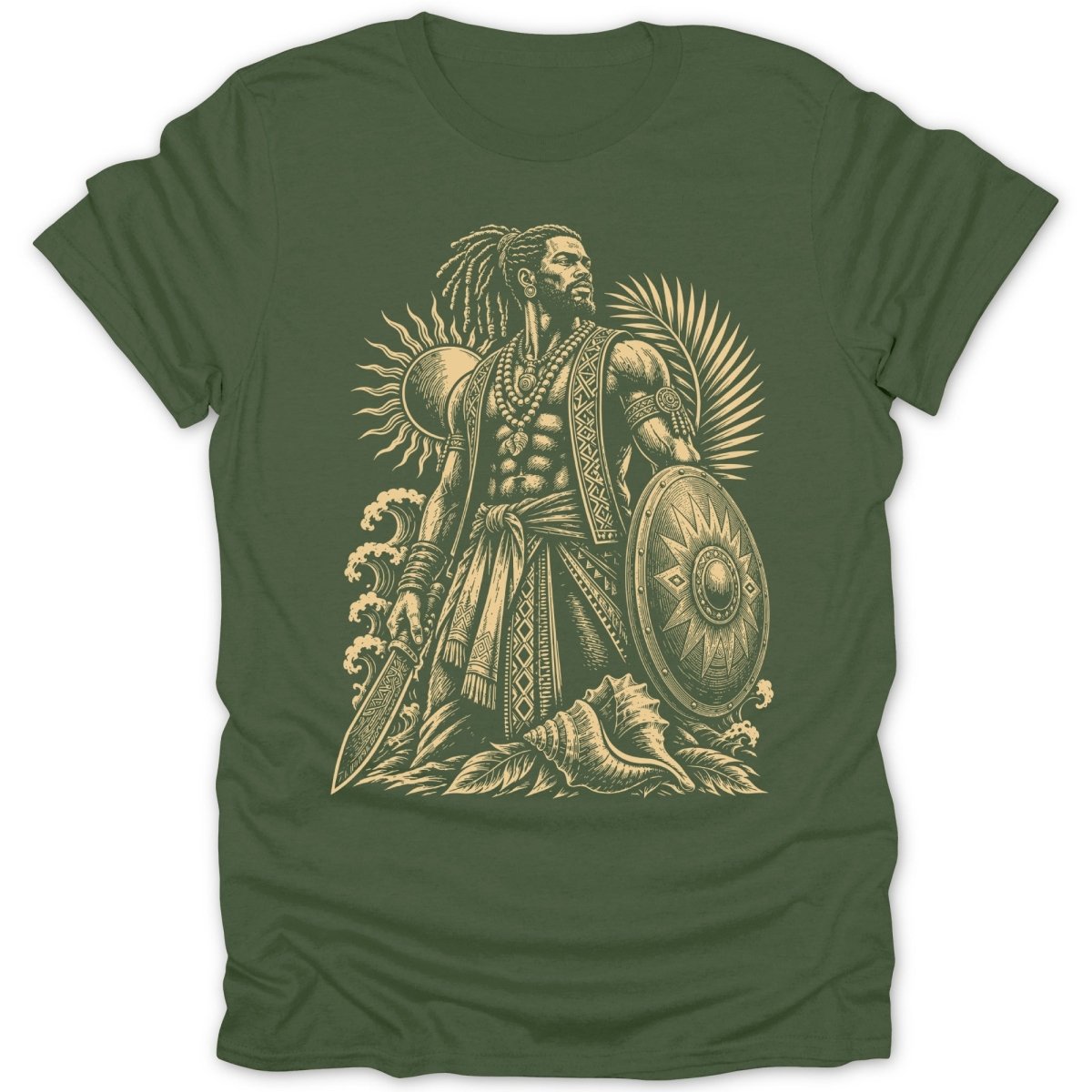 T-shirt with illustration of a warrior with shield, sword, sun, and waves.