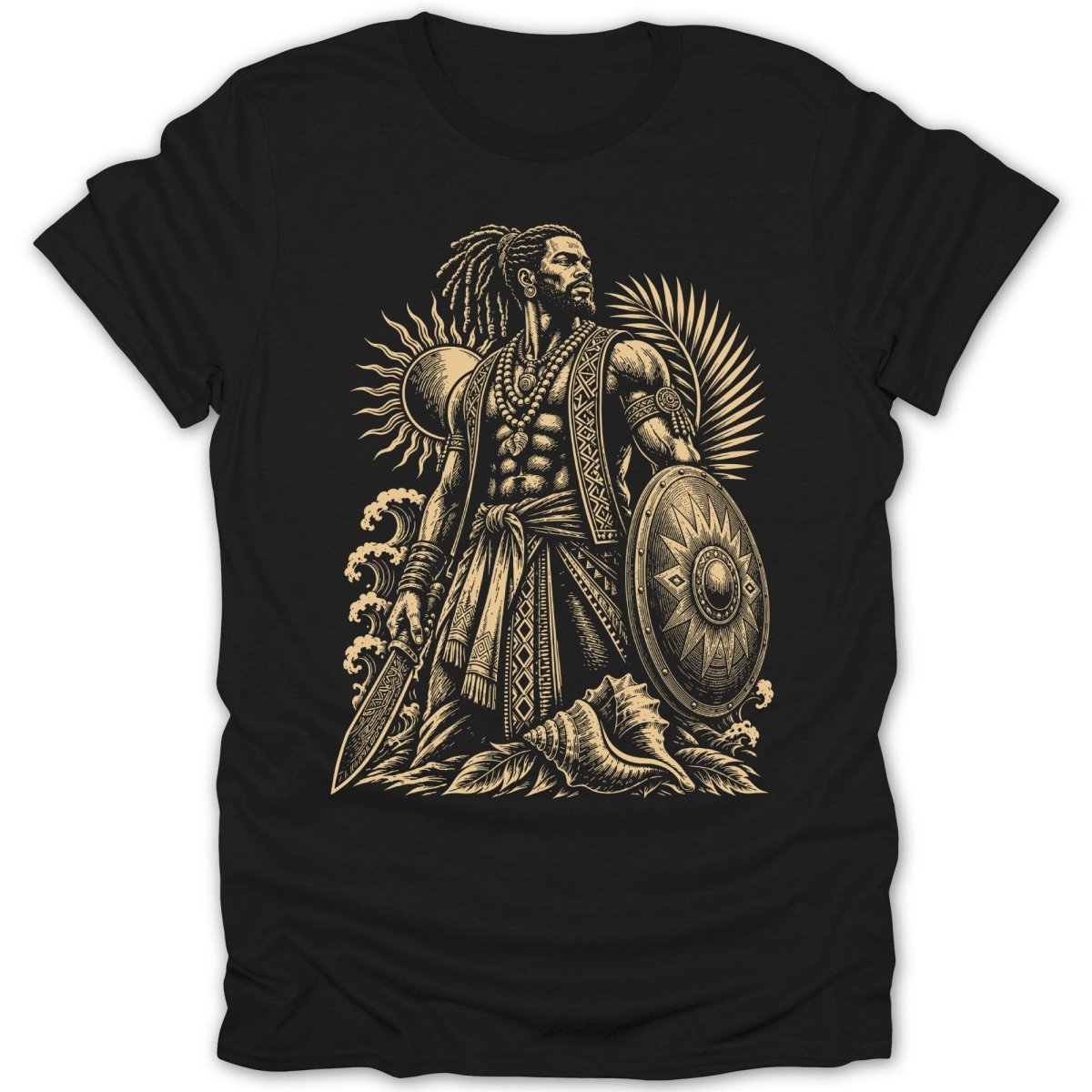 Black t-shirt featuring a warrior with a shield and sword, sun, and waves.