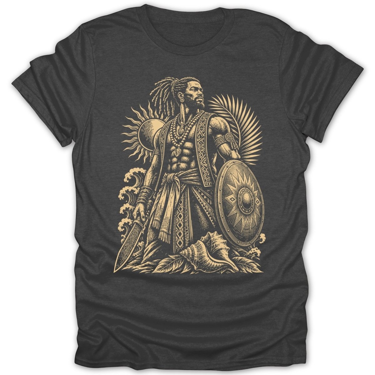Illustration of a warrior with a sword and shield surrounded by waves and a sun emblem.
