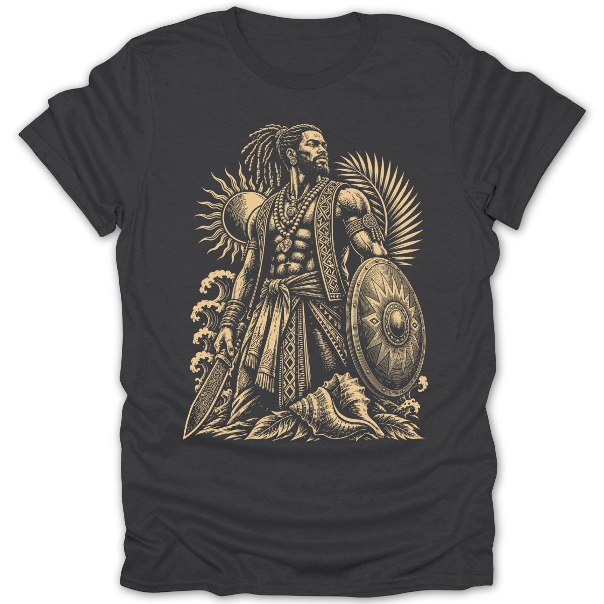 Illustration of a warrior with shield and sword on a dark gray t-shirt.