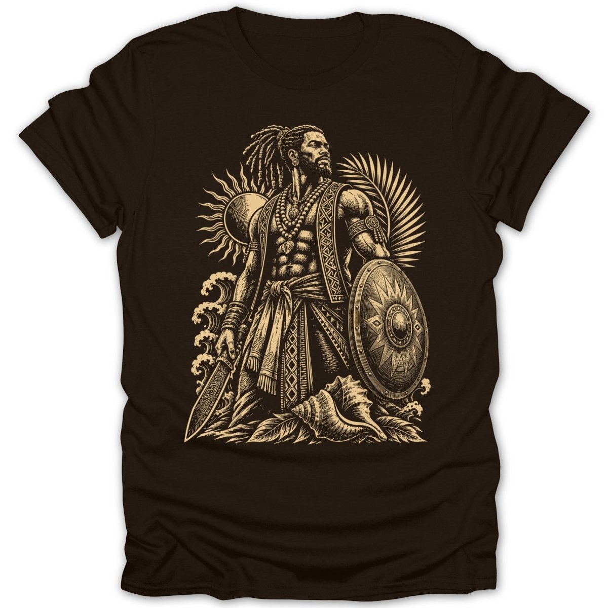 Illustration of a warrior with shield, sword, and sun motif on a brown t-shirt.