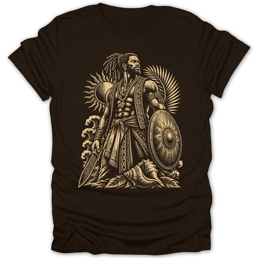 Illustration of a warrior with shield, sword, and sun motif on a brown t-shirt.