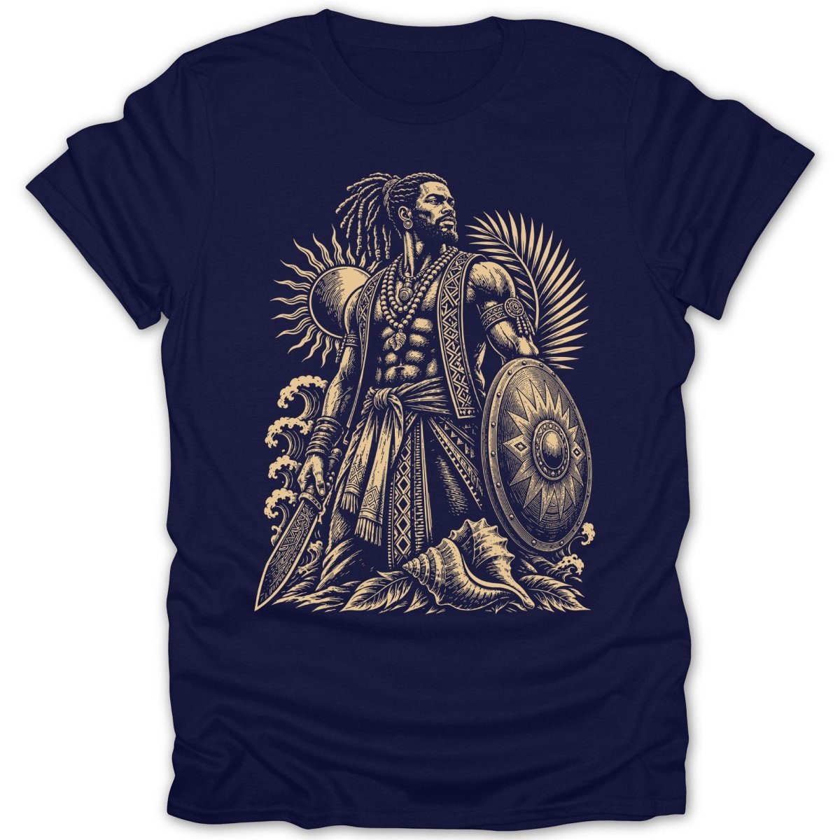 Tattoo-style illustration of a warrior with shield and sword on dark blue t-shirt.