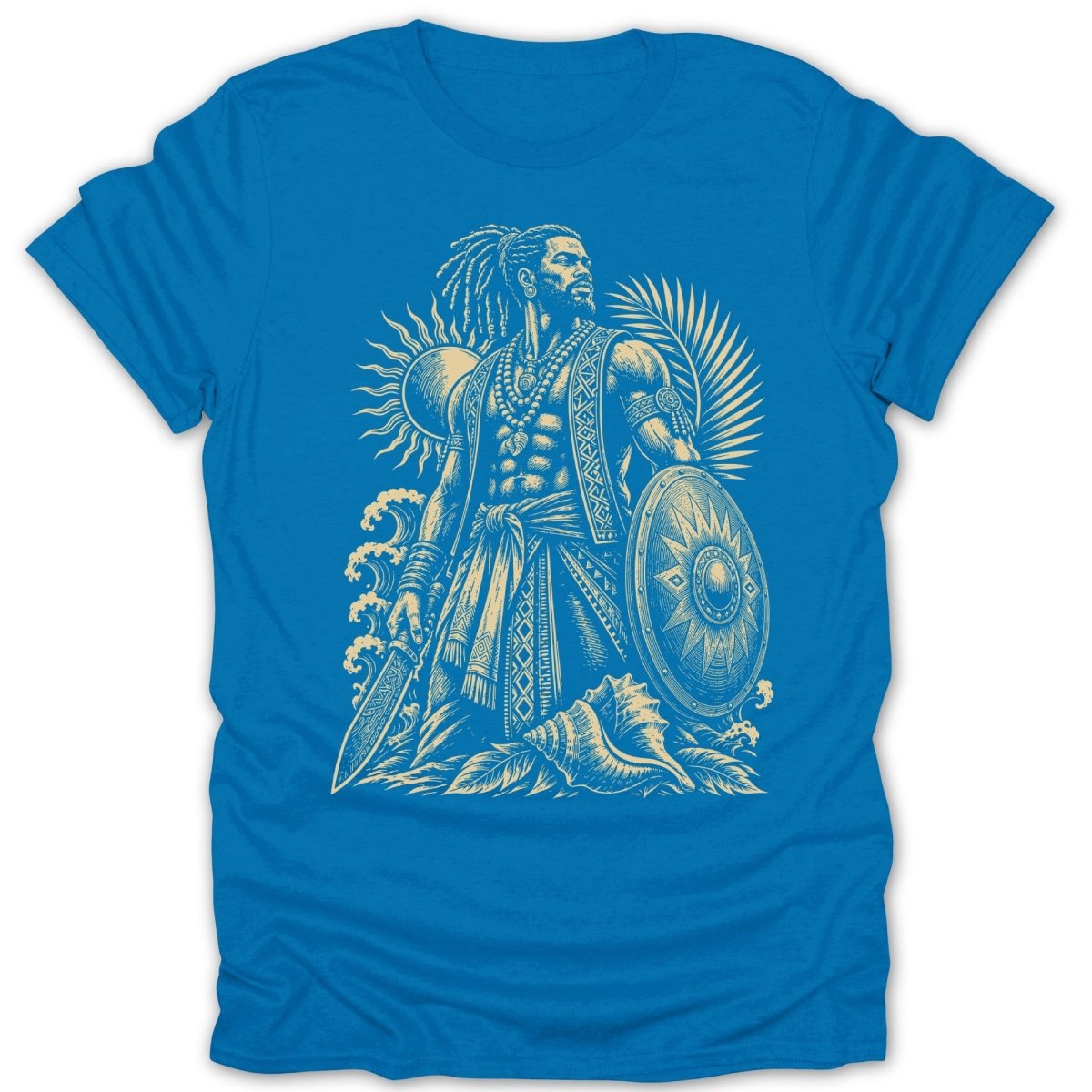 Blue t-shirt with a tan illustration of a warrior, shield, sword, sun, waves, and seashells.
