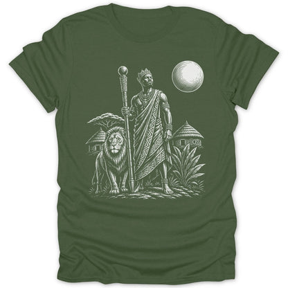 King with staff and lion stand before village huts under a striped moon.