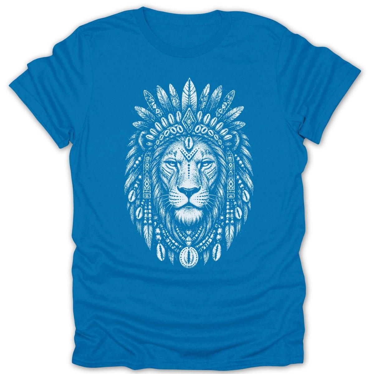 Blue t-shirt with white native-inspired lion headdress graphic design.
