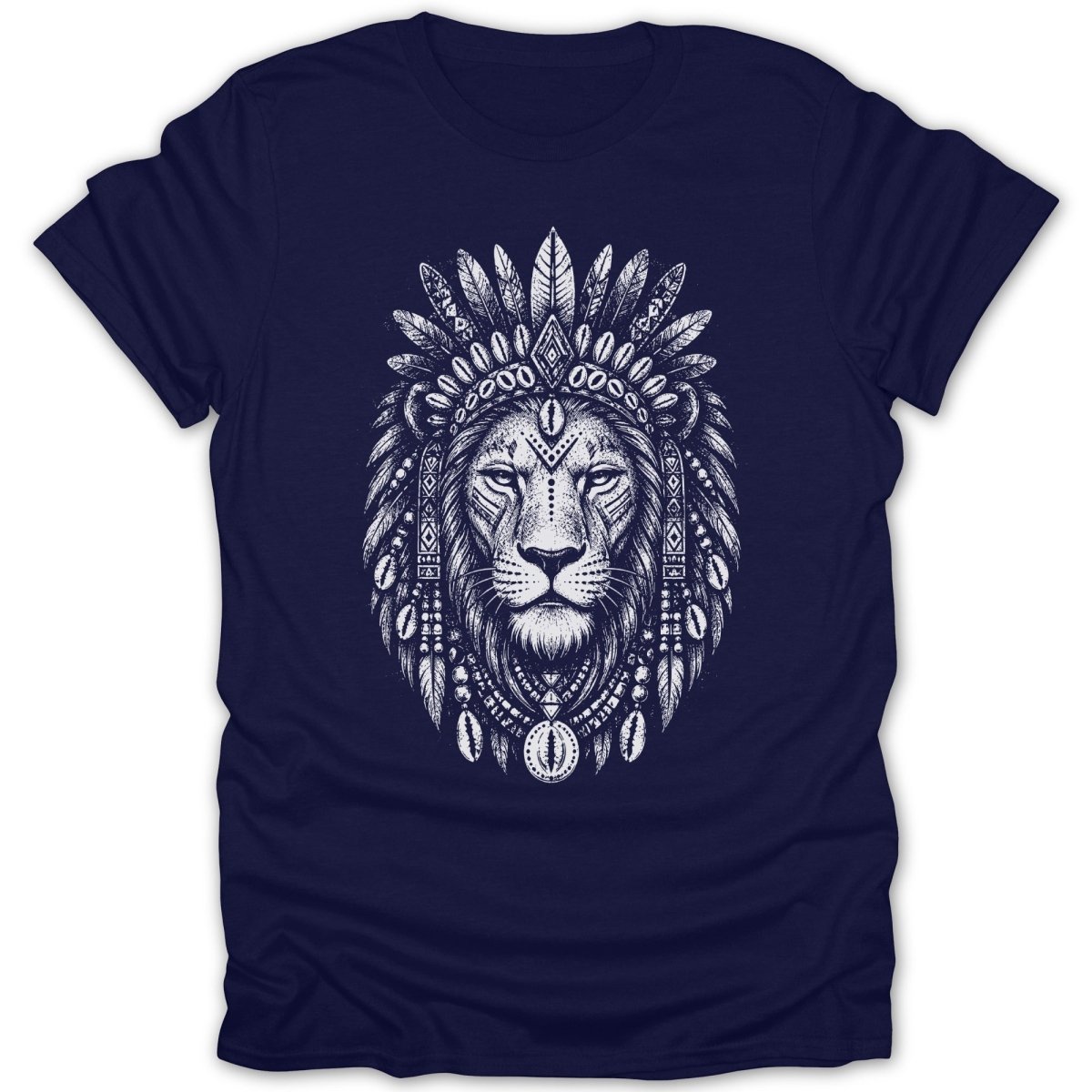 Lion wearing a headdress with feathers and shells, drawn in white on a navy t-shirt.