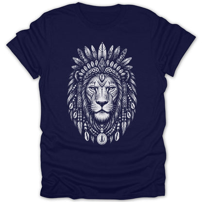 Lion wearing a headdress with feathers and shells, drawn in white on a navy t-shirt.