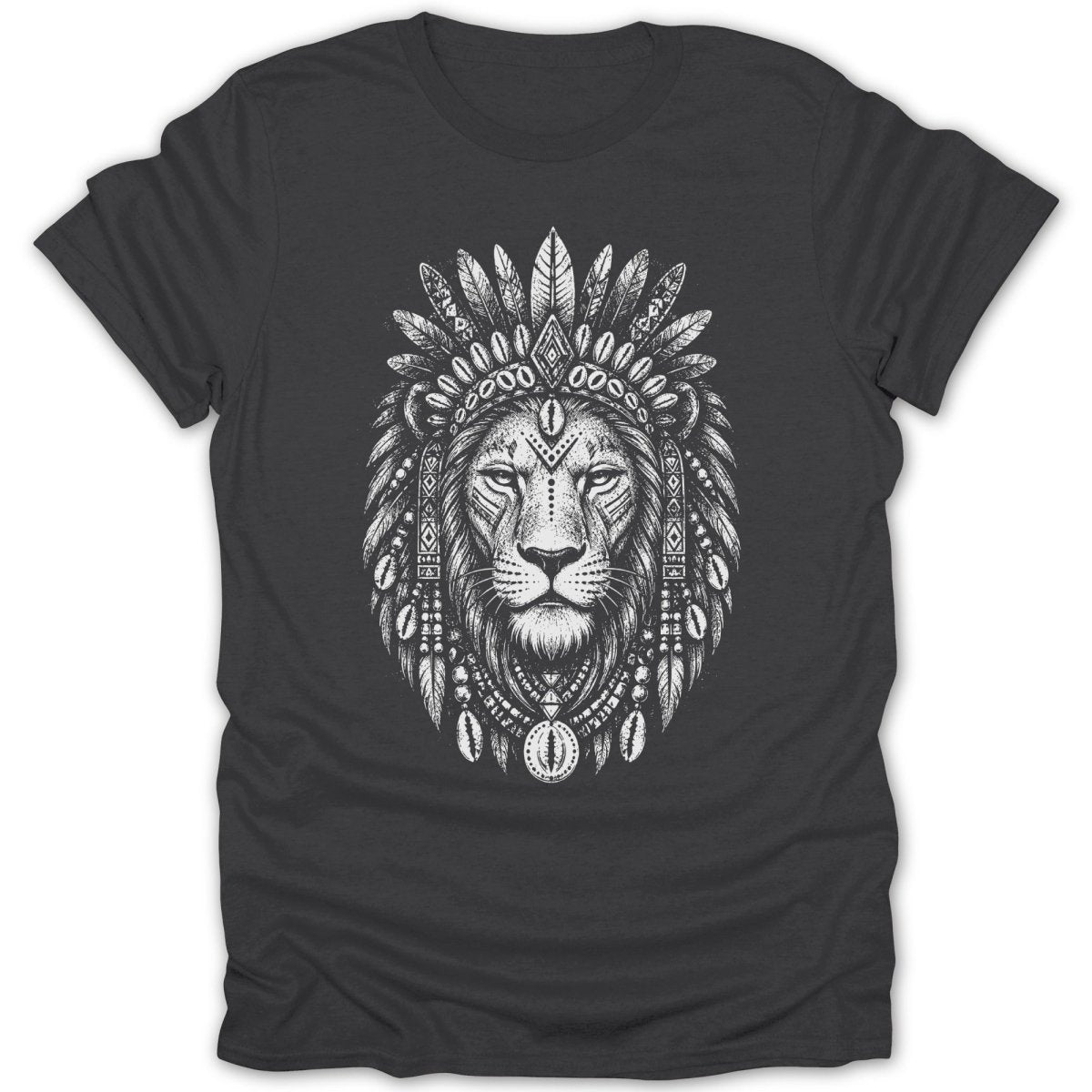 Lion head with headdress of feathers and shells on dark t-shirt