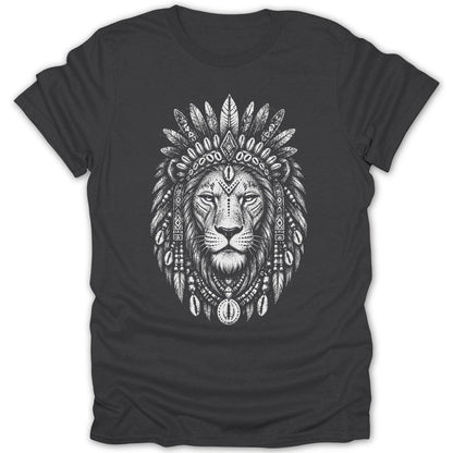 Lion head with headdress of feathers and shells on dark t-shirt