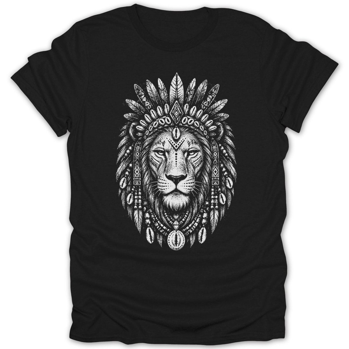 Black t-shirt with a white lion head wearing a feathered headdress and necklace.