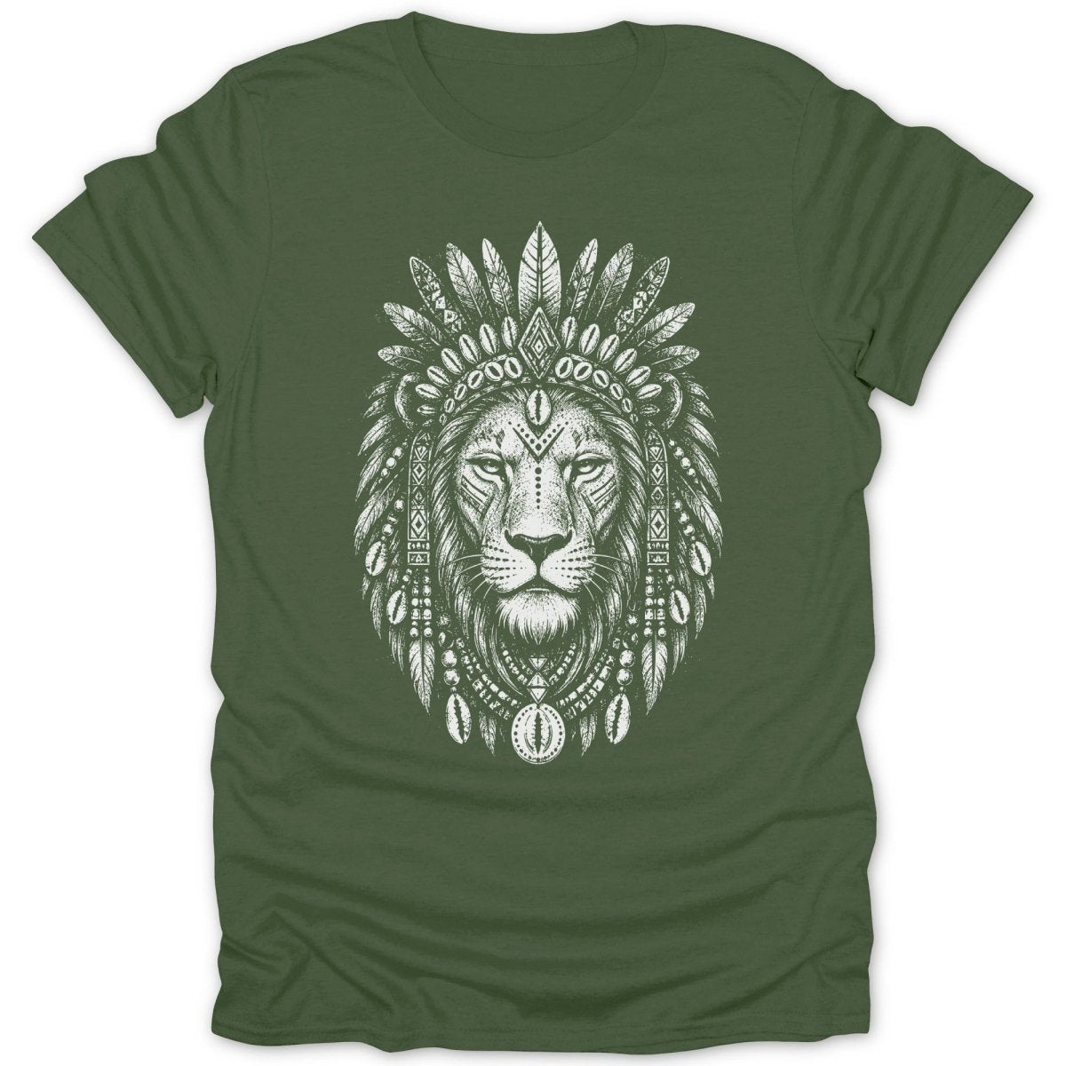 Green t-shirt with a white detailed illustration of a lion wearing a feathered headdress.