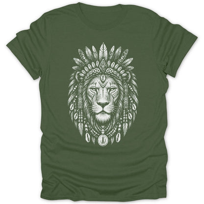 Green t-shirt with a white detailed illustration of a lion wearing a feathered headdress.