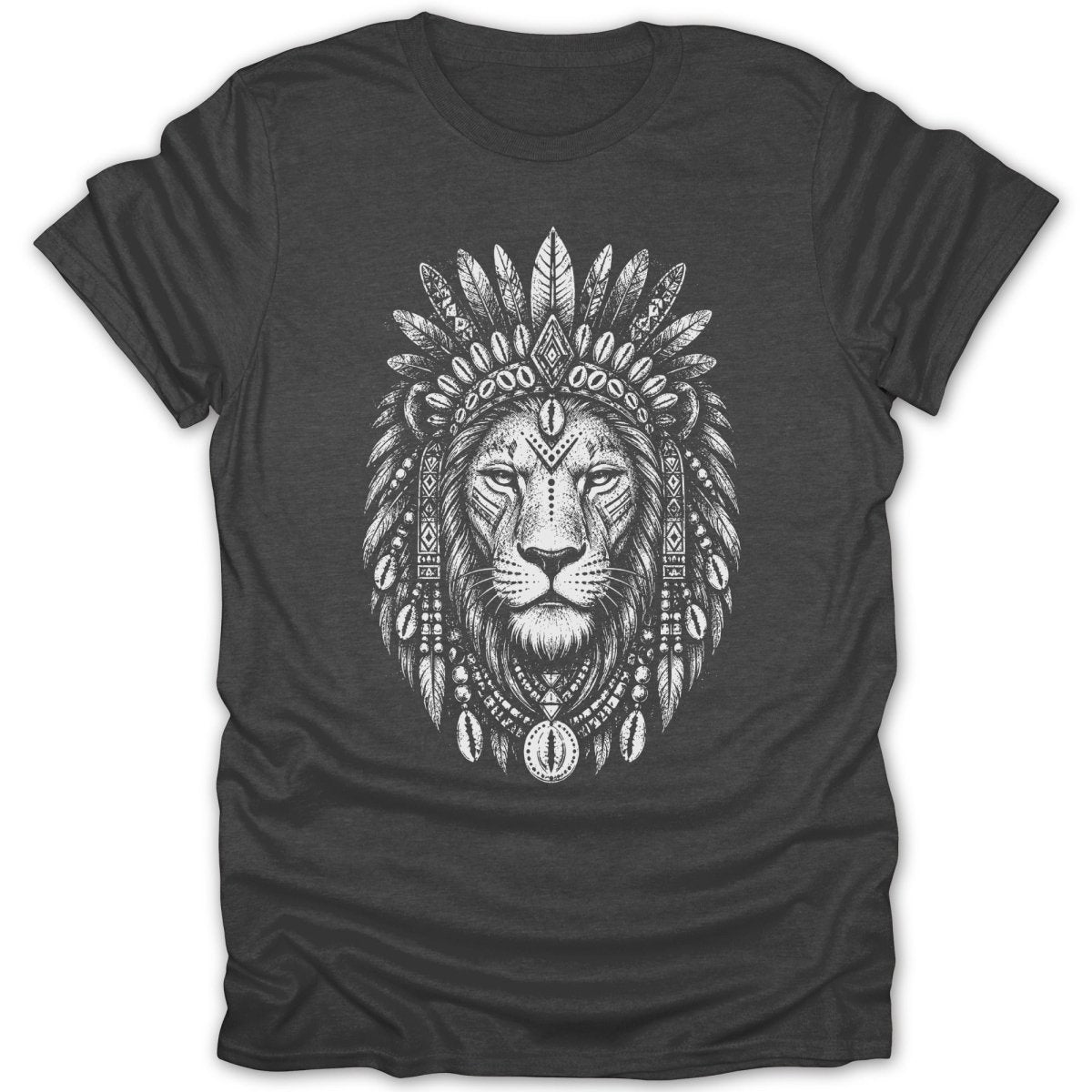 Lion with war bonnet and tribal markings on dark t-shirt.