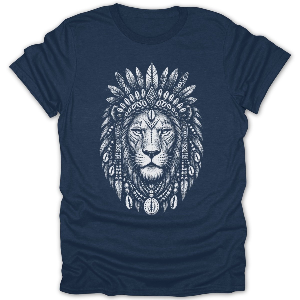Navy t-shirt with a white line drawing of a lion wearing a feathered headdress.