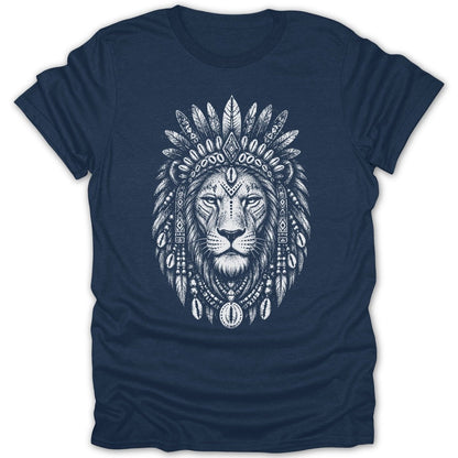 Navy t-shirt with a white line drawing of a lion wearing a feathered headdress.