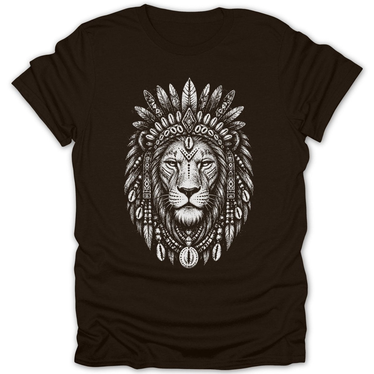 Lion wearing a feathered headdress with shell and beaded adornments on brown t-shirt.
