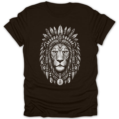 Lion wearing a feathered headdress with shell and beaded adornments on brown t-shirt.