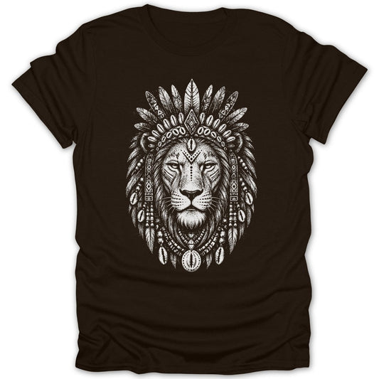 Lion wearing a feathered headdress with shell and beaded adornments on brown t-shirt.