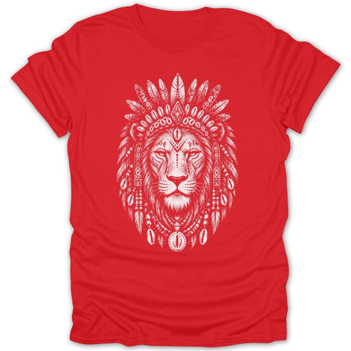 Red t-shirt with a white stylized lion wearing a headdress from feathers and beads.